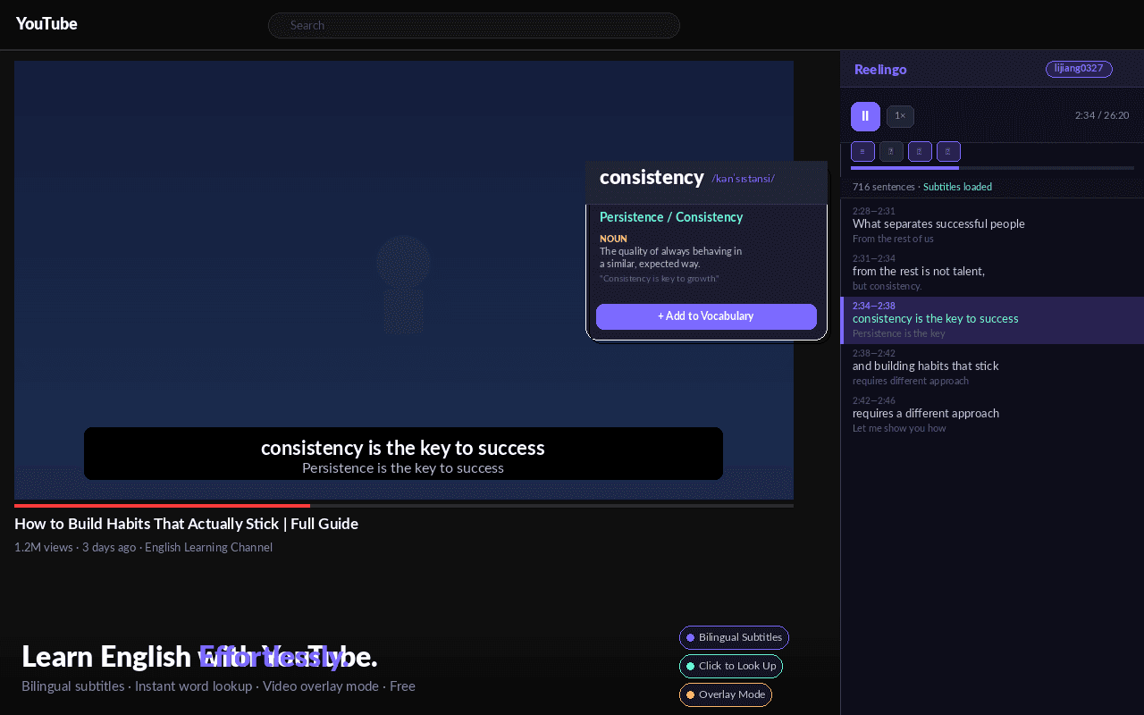 Reelingo for YouTube 在播放页右侧显示双语字幕，并可点词查义